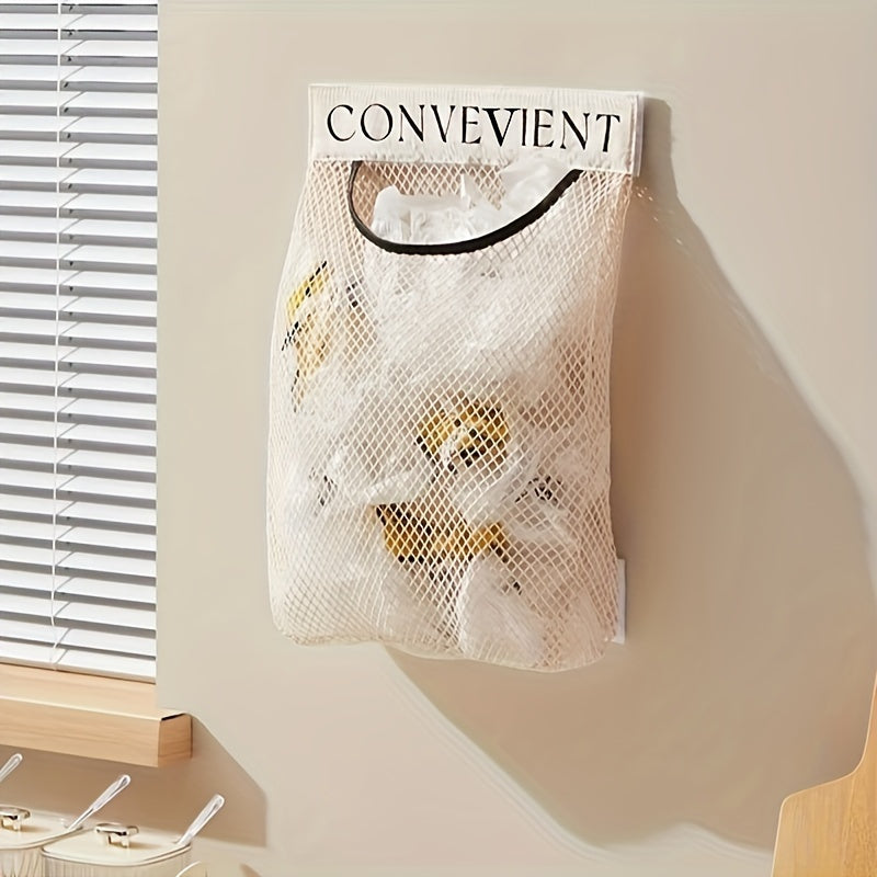 Wall-mounted organizer for plastic bags that saves space - Elastic mesh storage rack for kitchen and clothes bags, reusable and non-food grade