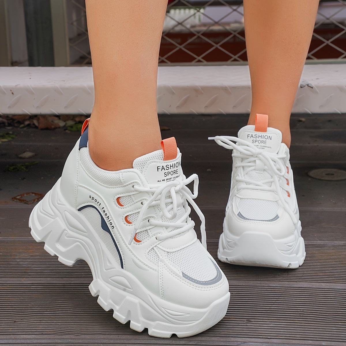 Chunky sneakers with breathable mesh and height increase for women, trendy walking shoes.