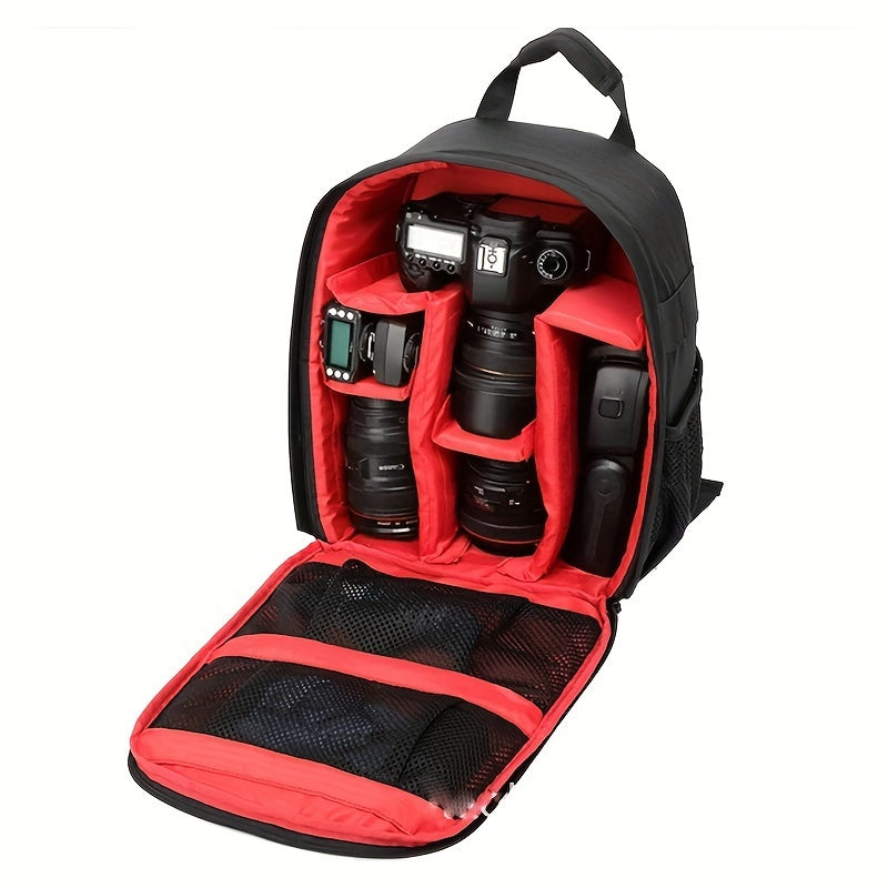 Waterproof camera backpack with customizable dividers and padded shoulder straps for Canon, Nikon, Sony cameras. Made from polyamide material.