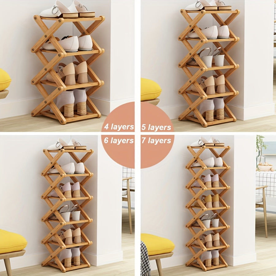 Bamboo Shoe Rack with Cross Design, Multi-layer Storage for Indoor Spaces such as Bedrooms, Dormitories, and Houses. Ideal for entryways to save space with its compact size.