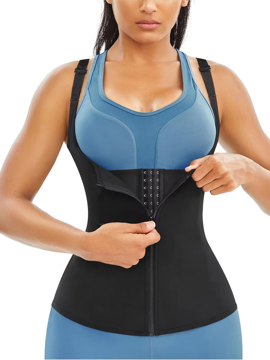 Women's body shaping corset with zipper, neoprene tank top for sweat-wicking body sculpting.