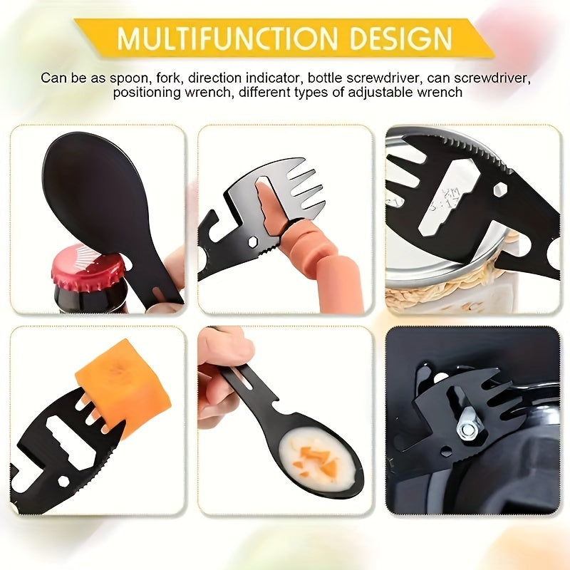 Portable stainless steel utensil with 10 functions for outdoor activities.