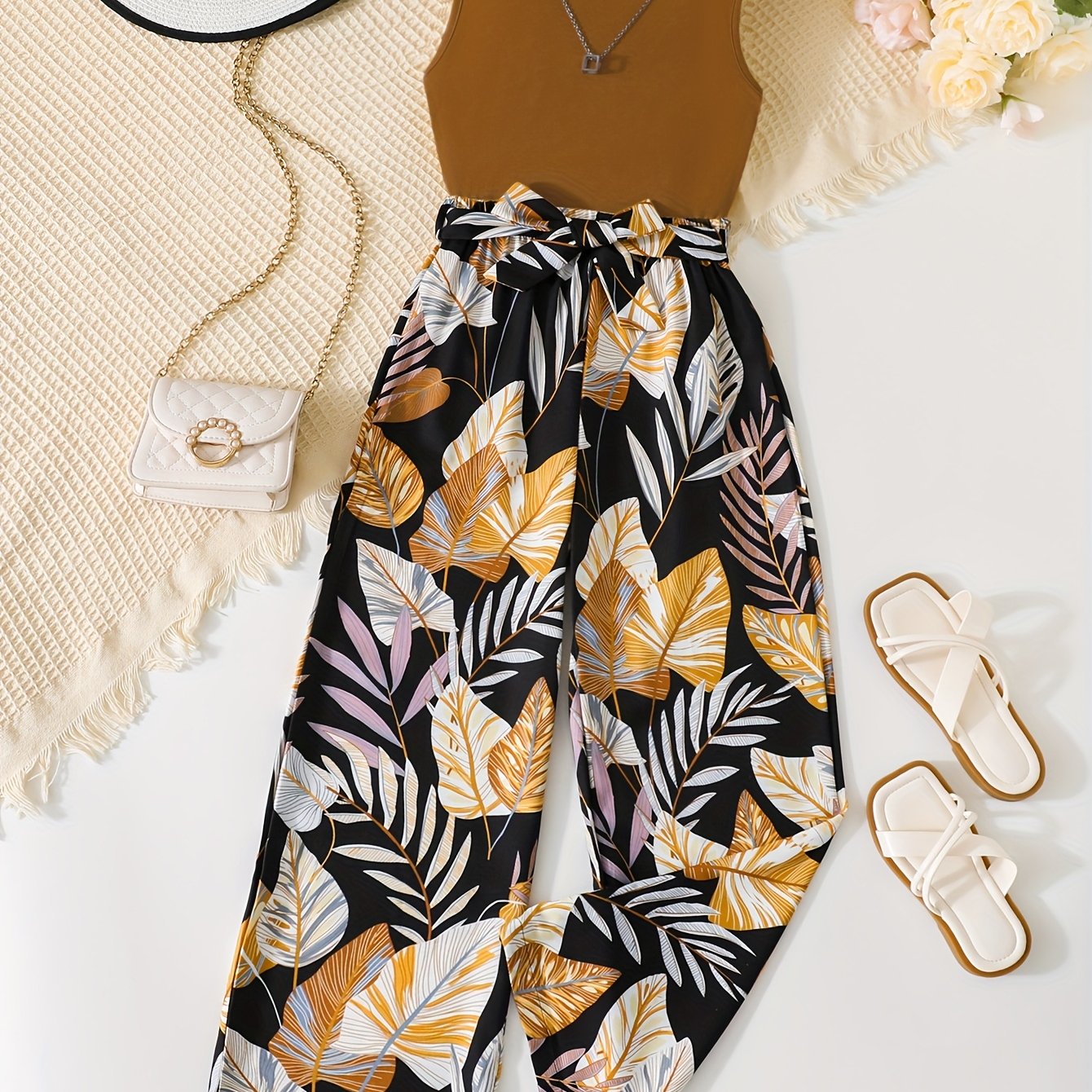 Stylish Resort Vest and Flare Pants Set for Summer Beach Fashion.