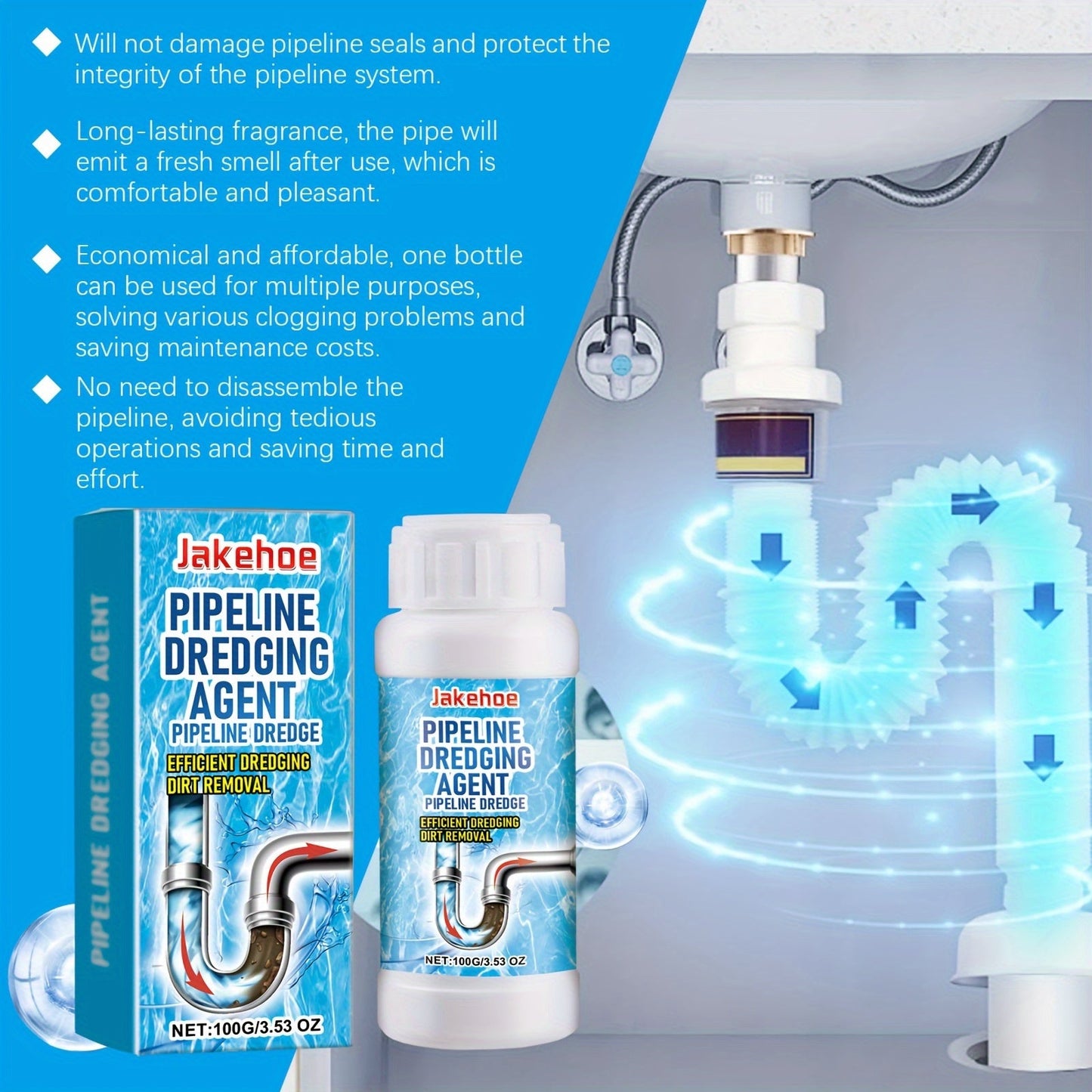 Powerful Drain Unblocker for Kitchen & Bathroom - Easily Removes Clogs, Grease & Hair from Pipes