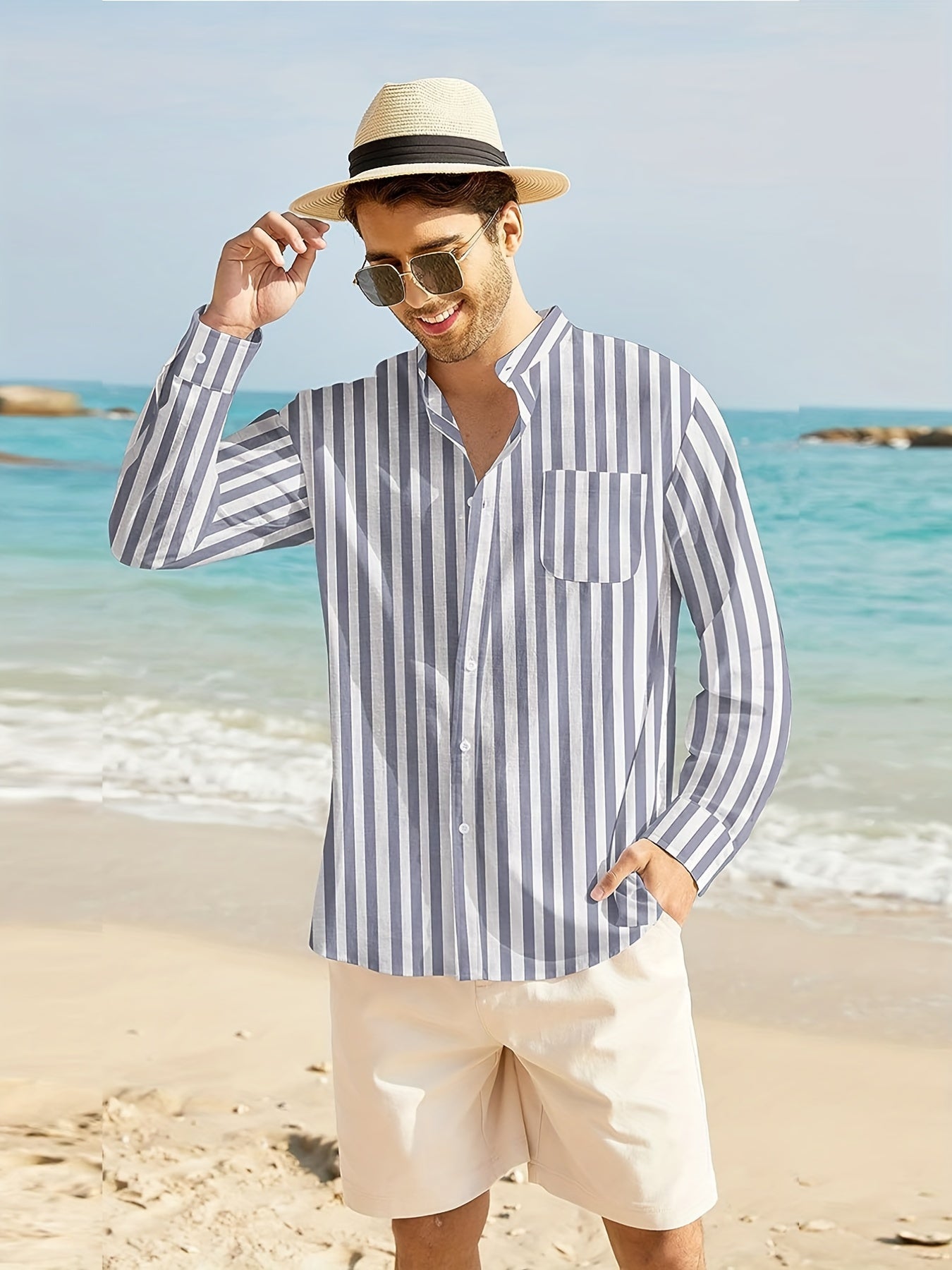 Men's vertical striped band collar shirt with long sleeves and regular fit, suitable for casual wear on the beach or for daily yoga.