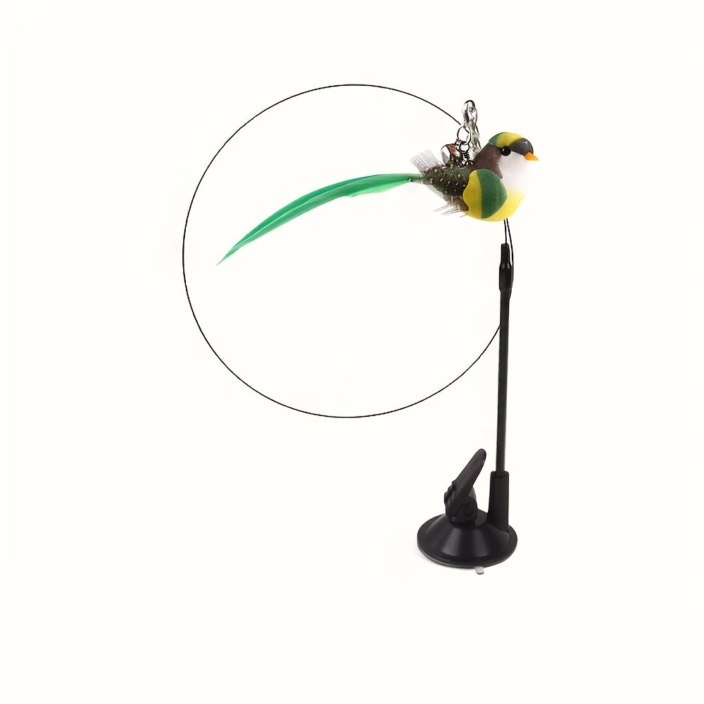 Interactive cat teaser wand with suction cup base, bell, detachable bird toy. Polyester blend, no batteries required. Ideal for indoor play with pet cats.