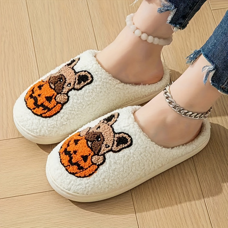 Cute Pumpkin Sandpaper Dog Pattern Slippers, Cozy and Stylish Indoor Couple's Footwear in the Warm Series.