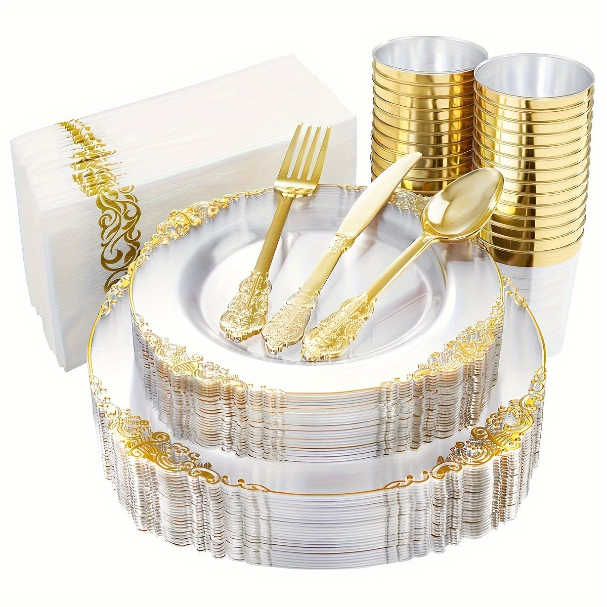 Complete set of elegant disposable dinnerware for 10 guests, includes 10 dessert plates, 10 salad plates, 10 napkins, 10 cups, and 30 pieces of cutlery (forks, knives, spoons). Ideal for wedding anniversaries and holiday parties.