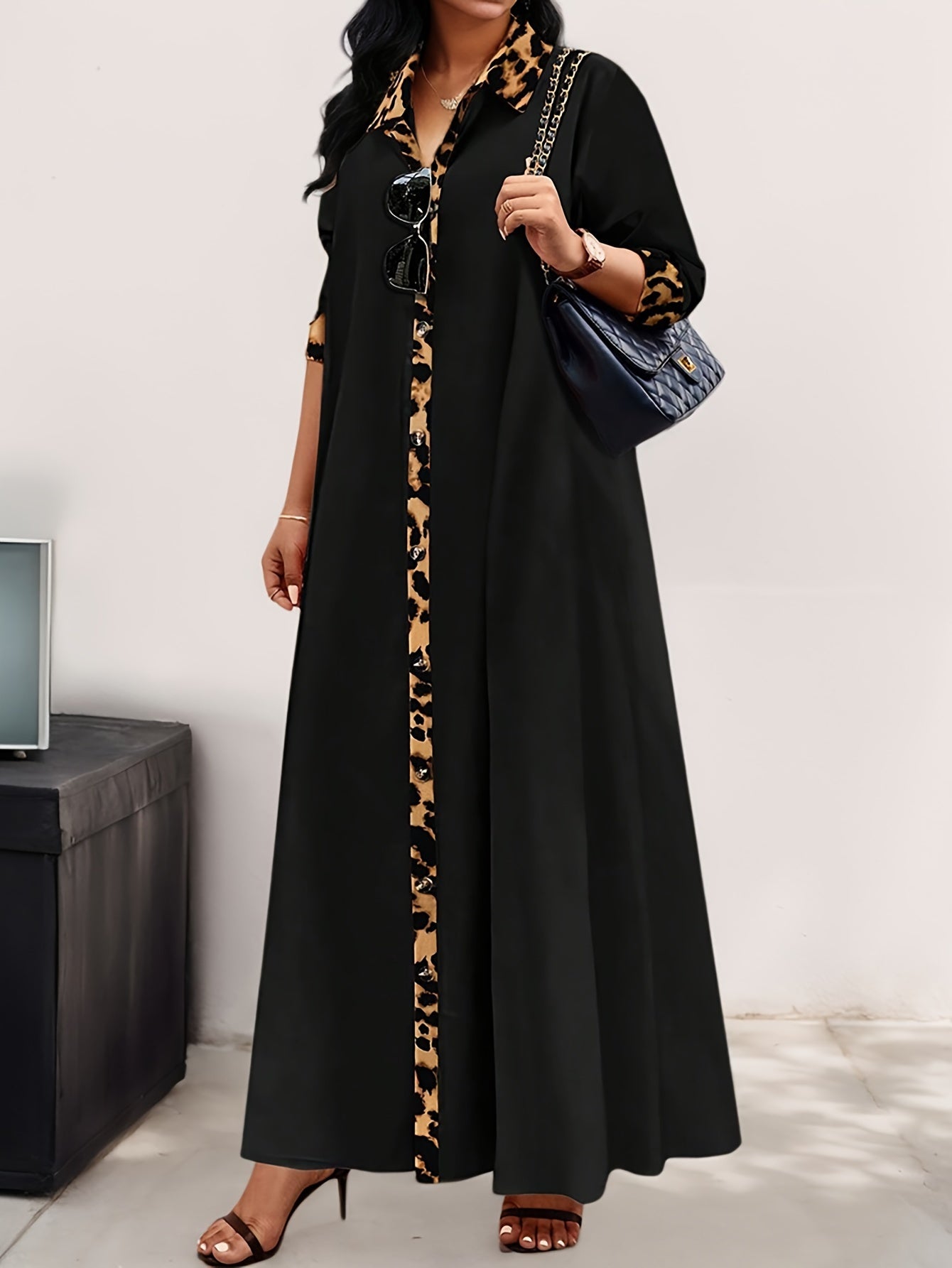 Plus Size Elegant Leopard Print Trim Long Dress with Regular Sleeves made of Women's Polyester Blend. This dress features Non-Stretch Fabric, Long Sleeve, Straight Hem, Loose-Fit Tunic