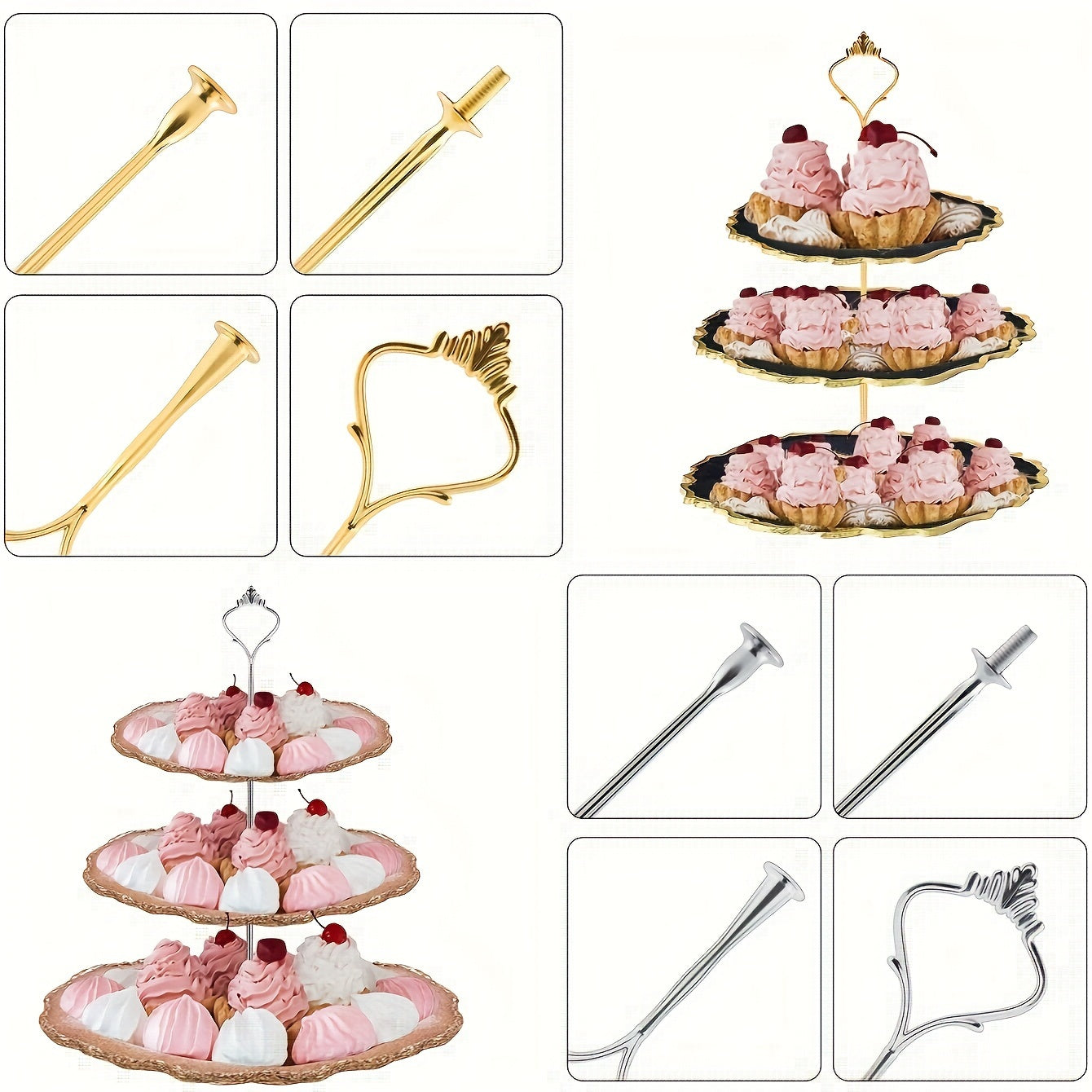 Cake stand hardware accessories including a 3-tier cake stand mold, crown resin crafts, perfect for weddings and parties. Ideal for serving cupcakes and desserts. Available in golden and silvery.