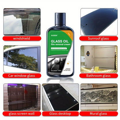 - Windshield cleaning and oil film removal solution with glass cleaning tool and water stain remover for car windows and mirrors (1 bottle of 120ml and 1 sponge)