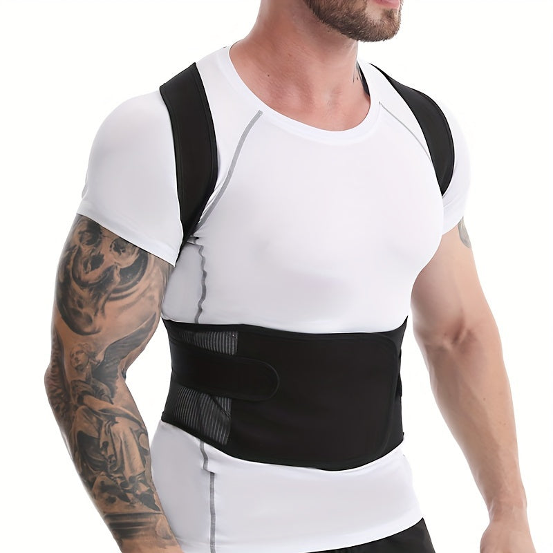 Adjustable men's vest with wide waist support and back brace made of neoprene, polyester, and nylon blend, in a sports style.