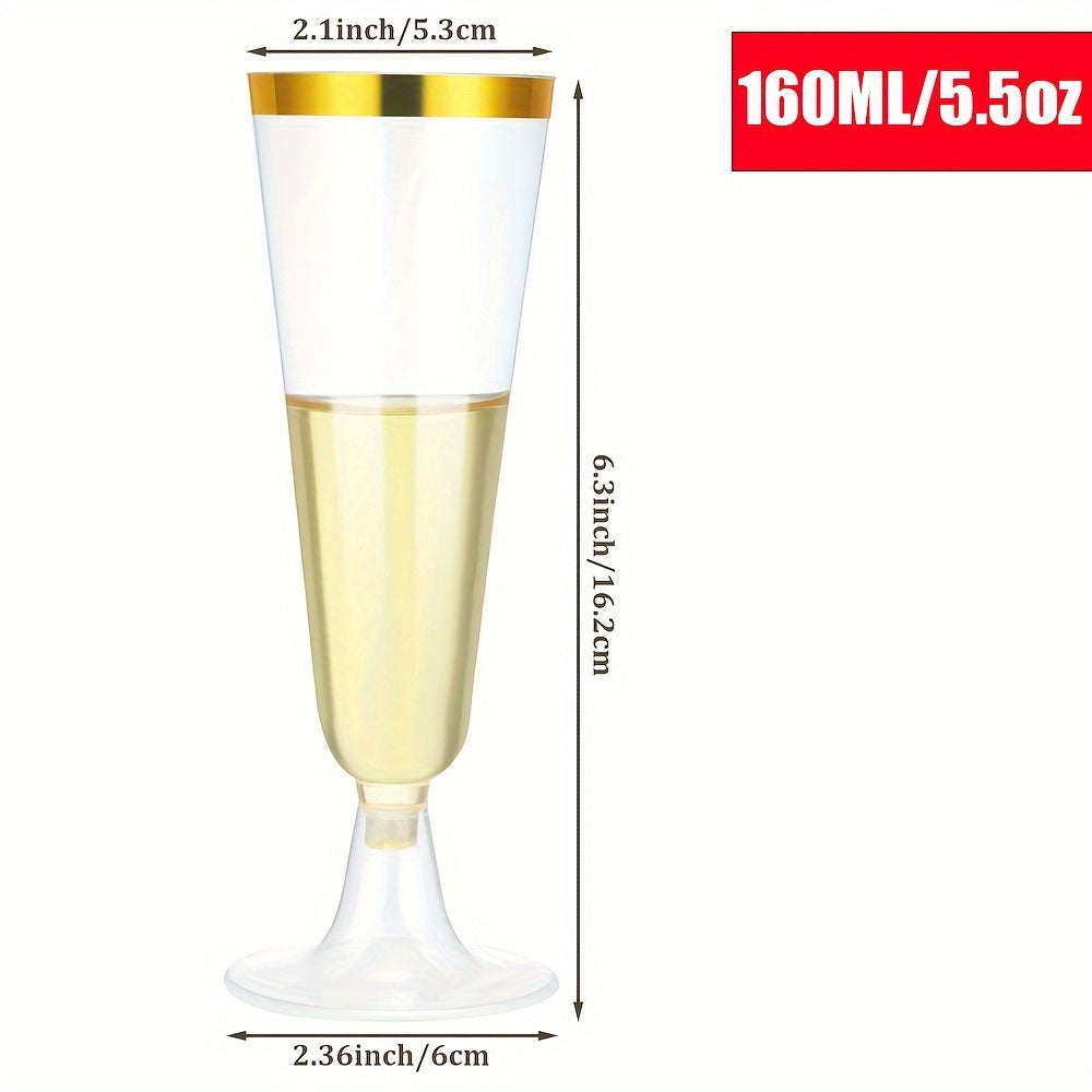 A pack of 25 elegant plastic champagne flutes with golden rims, each holding 5.5 oz. These acrylic mimosa glasses are recyclable and perfect for parties. They are machine washable and can be used for various occasions such as weddings, Christmas