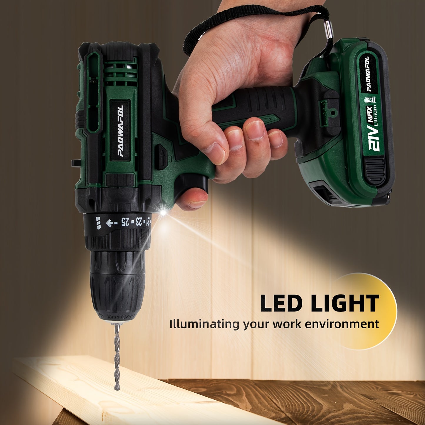 21V Cordless Drill with rechargeable battery, 2 speed settings, 25+1 torque, 24 accessories, LED light, for DIY, home, and garden use.