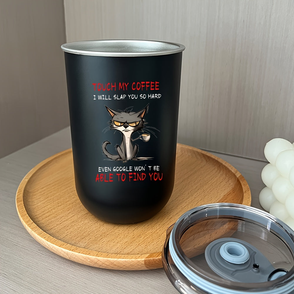 300ml stainless steel coffee mug for cat lovers, double-wall insulated in black, hand wash only, reusable for various purposes.