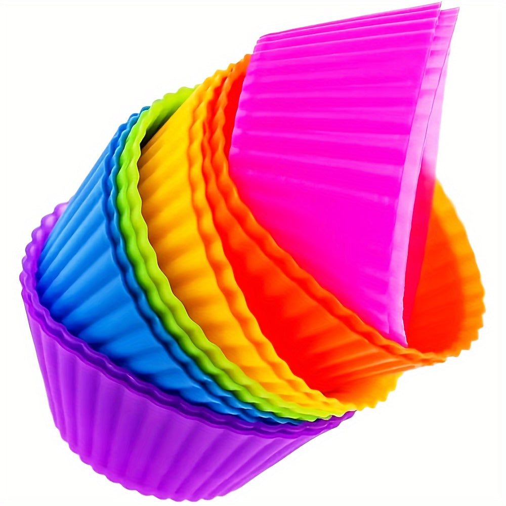 Reusable non-stick silicone baking cups for muffins and cupcakes, sold in packs of 12 or 24.