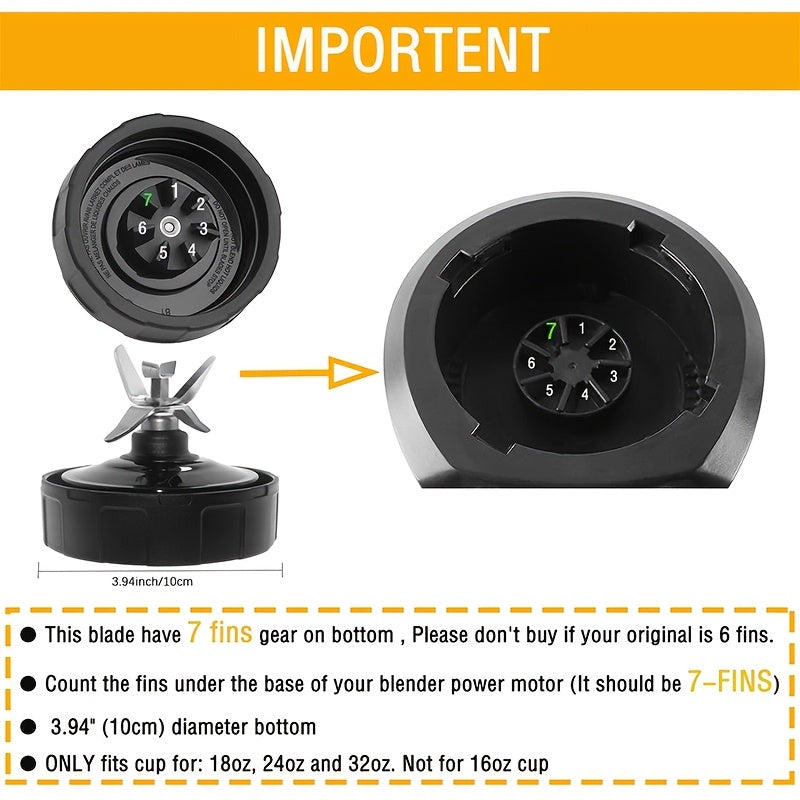 Stainless Steel Blender Blade Assembly for Nutri Ninja Blenders - Compatible with Auto iQ BL480 BL482 BL642 BL682 NN102 - Includes Rubber Gasket for Food Contact Safety - 7 Fins, 1 Piece