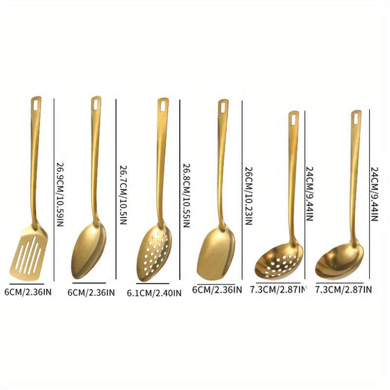 Gold-Plated Stainless Steel 6-piece Kitchen Utensil Set with Soup Spoon, Colander, Frying Shovel and More - Essential for Home Chefs