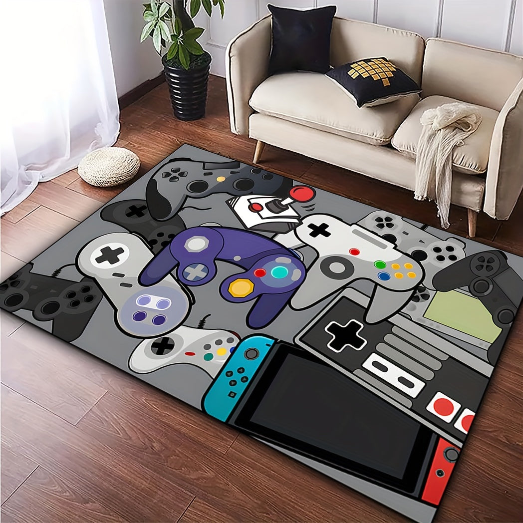 Game Controller Pattern Area Rugs available in various sizes (19 x 31, 31 x 47, 47 x 62, 62 x 90 inches). Made of anti-slip and machine washable polyester fiber carpet. Ideal for use in bedrooms, living rooms, offices, and gaming rooms. Perfect for