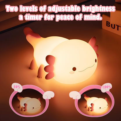 Axolotl Night Light: Cute Salamander Lamp, Dimmable LED Nightlight with Timer, USB Rechargeable. Perfect for Gifts and Decor.