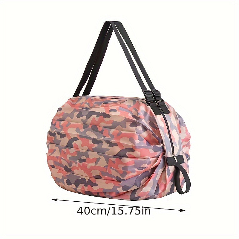 Premium quality foldable shopping bag that is perfect for traveling, featuring a spacious design with extra large storage capacity for all your grocery shopping needs. This versatile tote can also be worn as a shoulder bag for added convenience on the go.