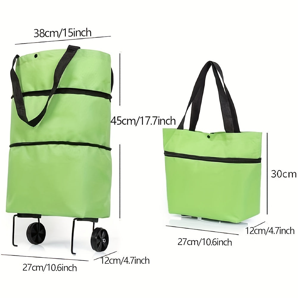 Reusable shopping bag with wheels, large capacity, foldable, multifunctional for storage and shopping.