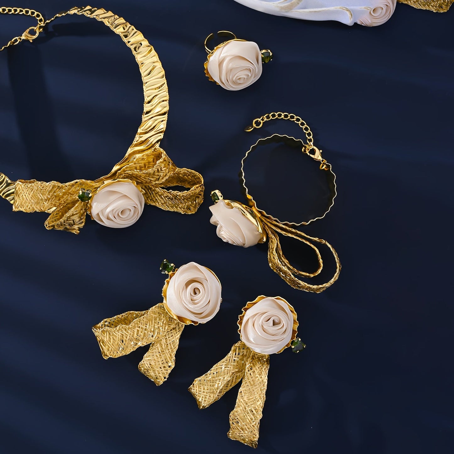 Middle Eastern Wedding Jewelry Set - Golden Rose Necklace, Exquisite Rose Earrings, and Ring. 4 pieces in total, perfect gift for a party or special occasion. Women's Jewelry Set.