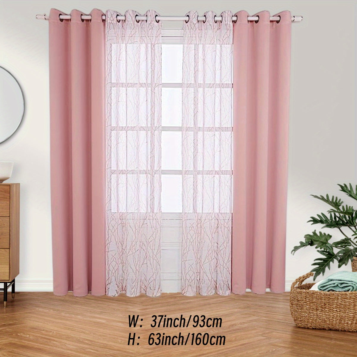 Pair of Curtains for Bedroom or Living Room - Includes 1 Sheer Branch Print Curtain and 1 Blackout Curtain, Grommet Style, 54x84 Inch Each, Dark Gray, Set of 2 Panels