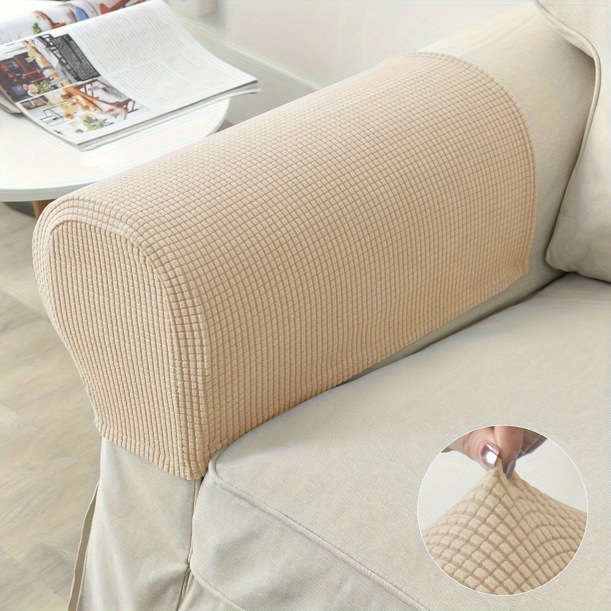 Stretch sofa arm covers made of 5% spandex and 95% polyester blend. Machine washable with snug fit for home and hotel use. Available in multiple colors. Ideal for hotel sofa accessories.