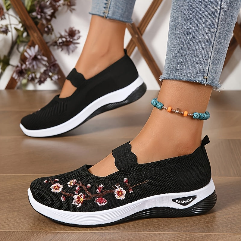 Women's Breathable Knit Sneakers with Floral Design, Non-Slip Sole, Lightweight, in Multiple Colors.