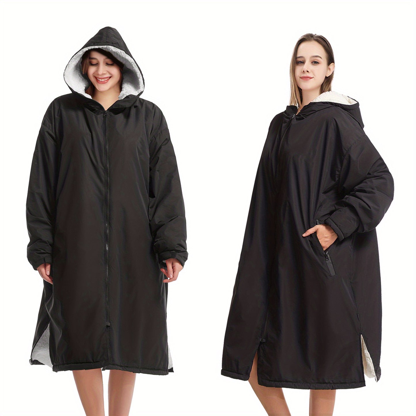 Waterproof, windproof unisex changing robe with fleece lining and hood for home, surfing, diving, camping, and hiking.