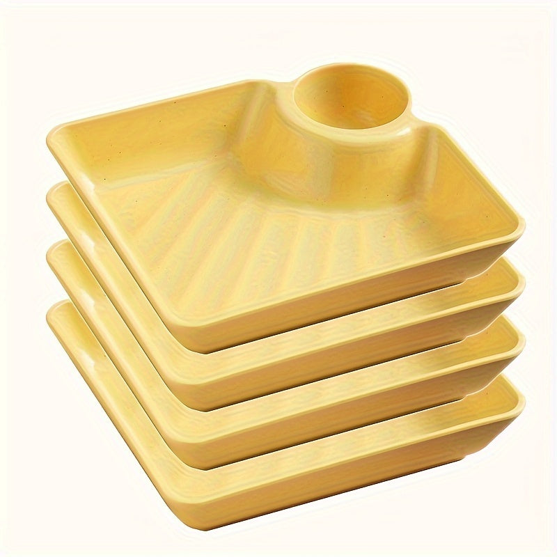 Set of 4 colorful serving platters made of durable, BPA-free PP material. Perfect for serving snacks, sushi, appetizers, and desserts with accompanying dipping sauce dishes. Ideal for charcuterie boards and holiday gatherings.