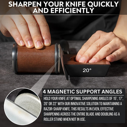 Upgrade your knife sharpener with our 1 set of Rolling Knife sharpener kit, featuring industrial diamond/stainless steel discs and an improved magnetic angle base with 4 settings (15/18/20/22°). This roller knife sharpening system is perfect for pocket