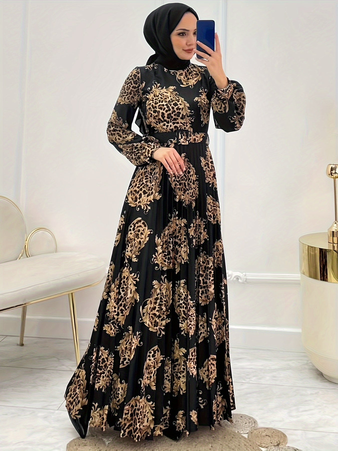 Leopard Print Crew Neck Abayas Dress, Elegant Long Sleeve Maxi Length Women's Clothing