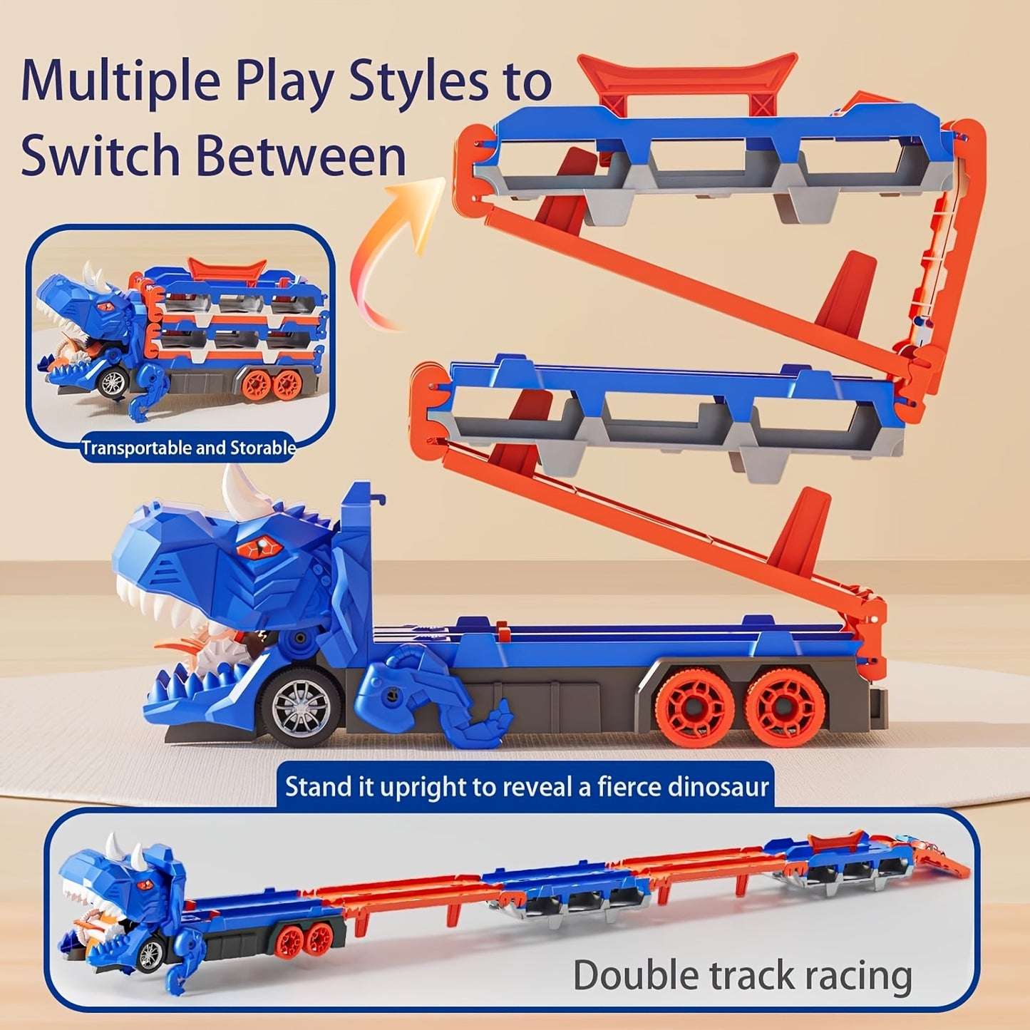 3-in-1 Dinosaur Transformer Truck Playset with 6 Mini Cars - Foldable, Slide Mechanism, 142.24cm Dual Track Racing, ABS Material, No Batteries Needed. Ideal for Garage Play. Ultimate Garage