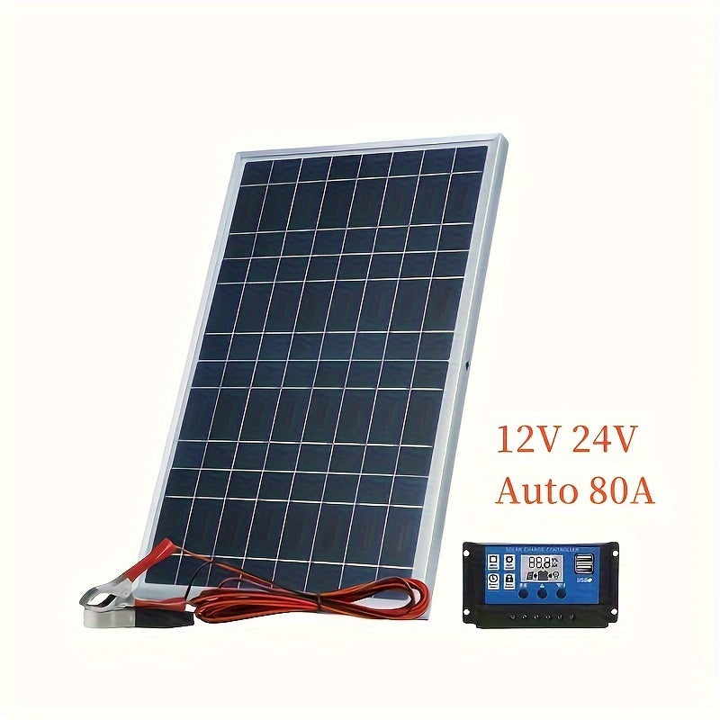 Portable solar panel kit with controller options, multiple voltage outputs, and USB charger for various applications like camping, hiking, RV, and security cameras.