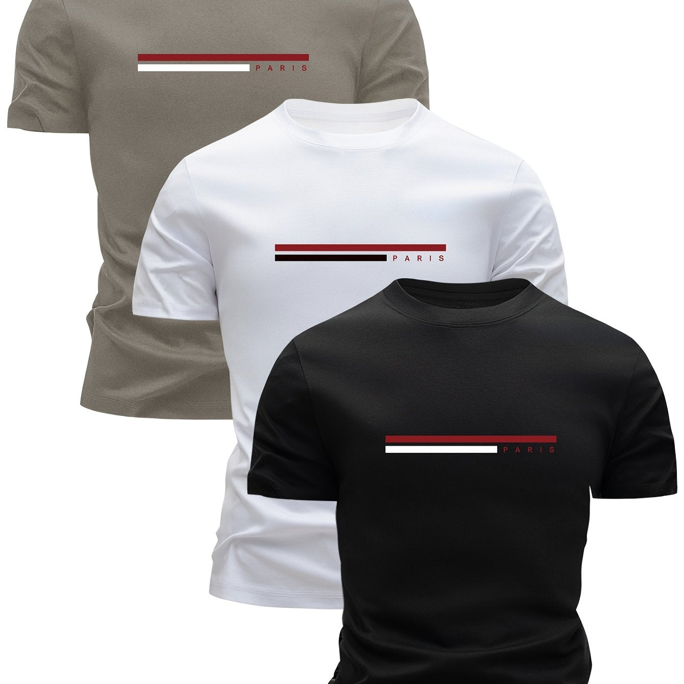 Three men's 100% cotton t-shirts with summer short sleeves, crew necks, and casual print designs in gray, white, and black, ideal for casual attire.