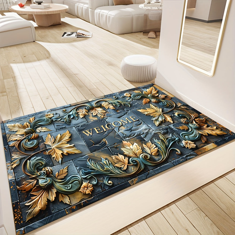 Introducing the 3D Realistic Stone Pattern Mat with Plant Relief, crafted with a 6mm thick layer of 100% polyester material. This luxurious mat boasts a plastic dot bottom and finely locked edges, weighing 800 grams per square meter. Its slip-resistant