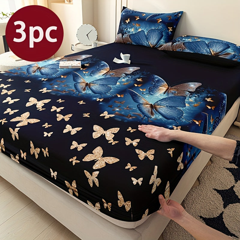 Butterfly Floral 3-Piece Bedding Set with soft polyester fitted sheet, 2 pillowcases, and floral pattern bedspread. All-season, machine washable.