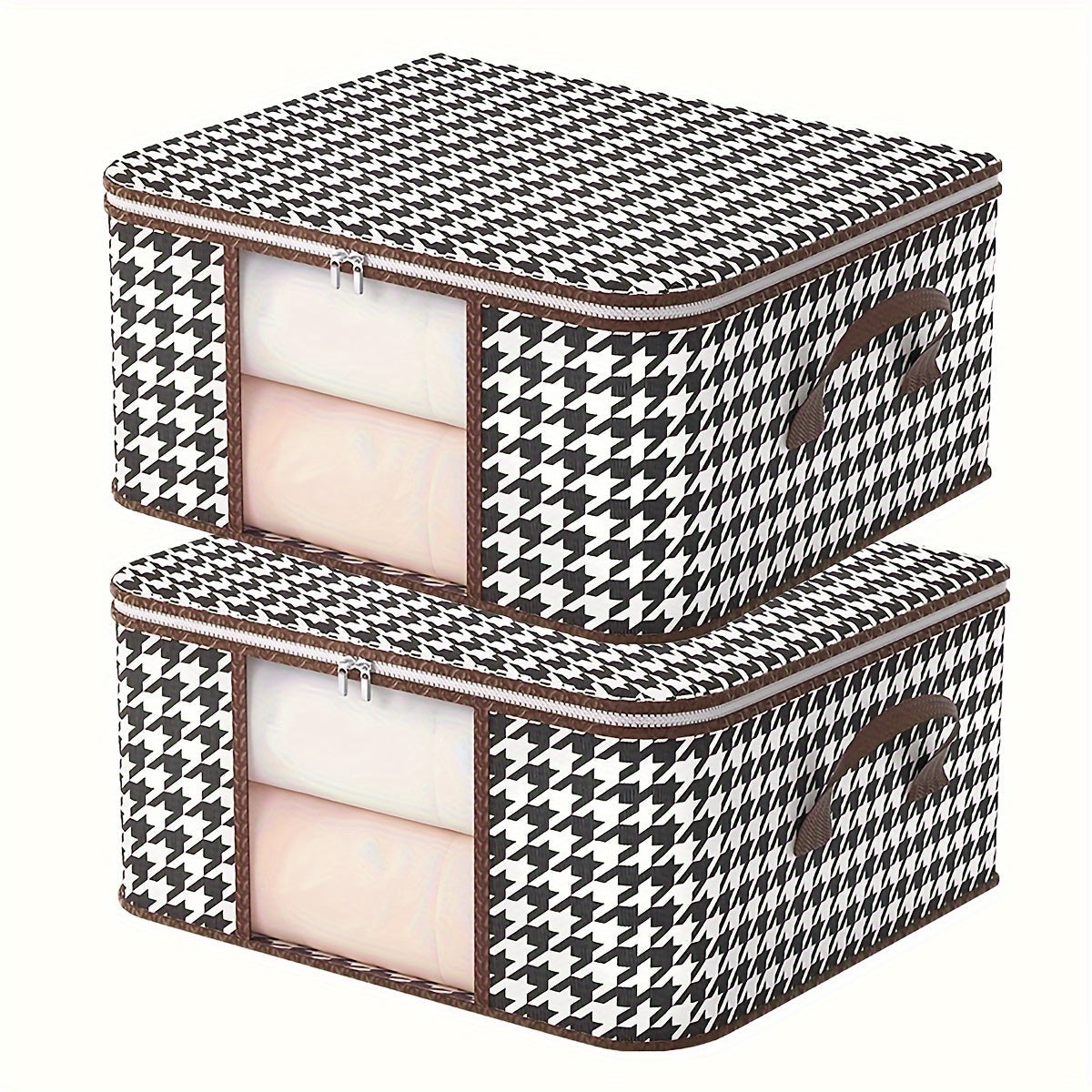 The Houndstooth Pattern Clothes Storage Bag with Transparent Window is a versatile and stylish option for organizing your wardrobe. Made of non-woven material, this quilt clothes organizer bag is dustproof and foldable for easy storage. It makes a