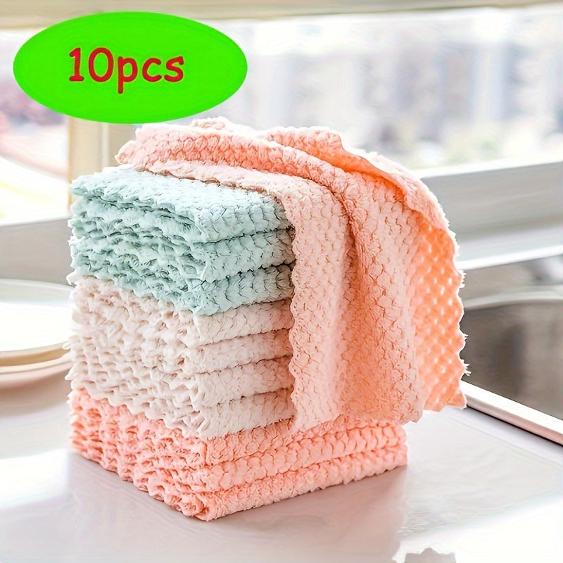 Coral Fleece Pineapple Grid Dish Towels - 10 Pack of Non-Stick, Thick, Absorbent Towels with Hanging Loop - Perfect for Kitchen Cleaning and Hand Drying