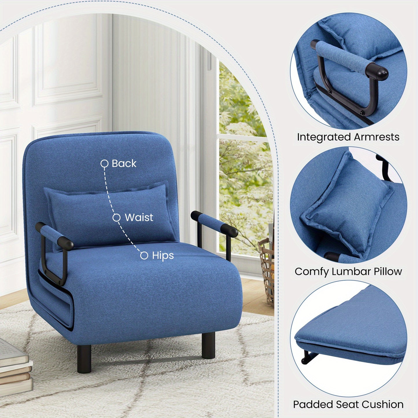 Convertible sleeper chair with 5 adjustable backrests, lumbar pillows, hidden metal legs, perfect for living room or home office as a foldable sofa bed.