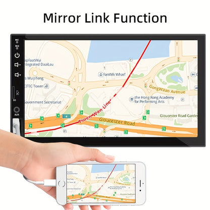 Universal car audio receiver with 7-inch touch screen, GPS navigation, wireless connectivity, and stereo output. Compatible with Android Auto and CarPlay, suitable for all vehicle models.
