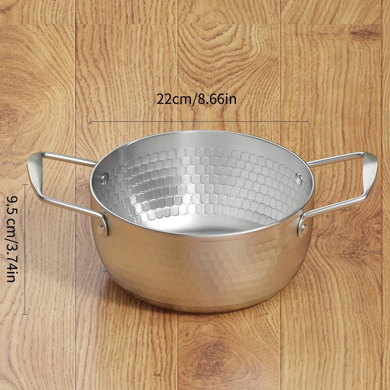 A stainless steel soup pot with two handles for home use, perfect for cooking instant noodles and boiling milk on a gas stove, in a shiny silver color.