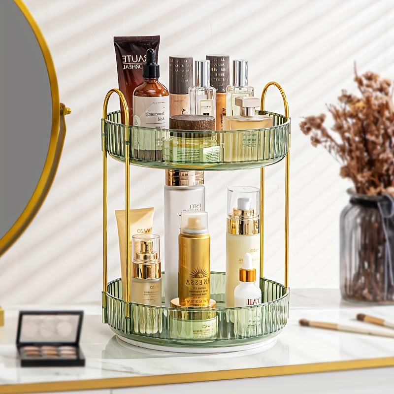 360° Rotatable Makeup Brush Holder and Cosmetic Storage Rack with multiple compartments for organizing bedroom and dorm essentials.