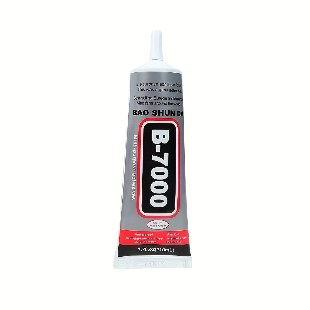 B-7000 is a versatile semi-fluid adhesive with strong bonding properties, suitable for jewelry making, gemstone setting, DIY repairs, and works well on materials like plastic, metal, glass