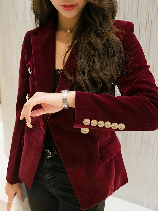 Women's slim suit jacket with double buttons, suitable for spring, autumn, and winter seasons, fashionable and elegant.