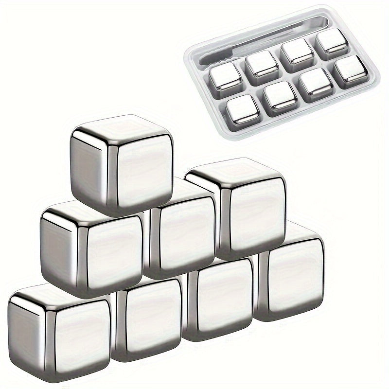 Set of 8 or 4 Stainless Steel Whiskey Stones, Reusable Ice Cubes for Drinks, Men's Valentines Stocking Stuffers - Includes Ice Wine Stones for Fast Cooling, No Melting, No Dilution - Comes in Box Packaging with Silicone Clip