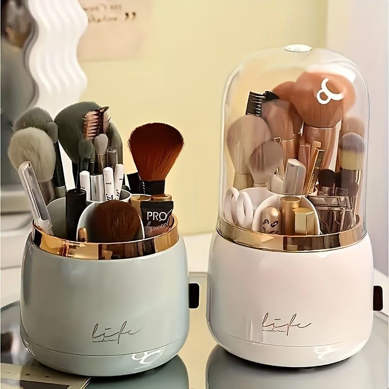 High-end 360-Degree Rotating Makeup Organizer with Dustproof compartments for Brushes, Lipsticks, and Eyebrow Pencils - Ideal for Bathroom Vanity.