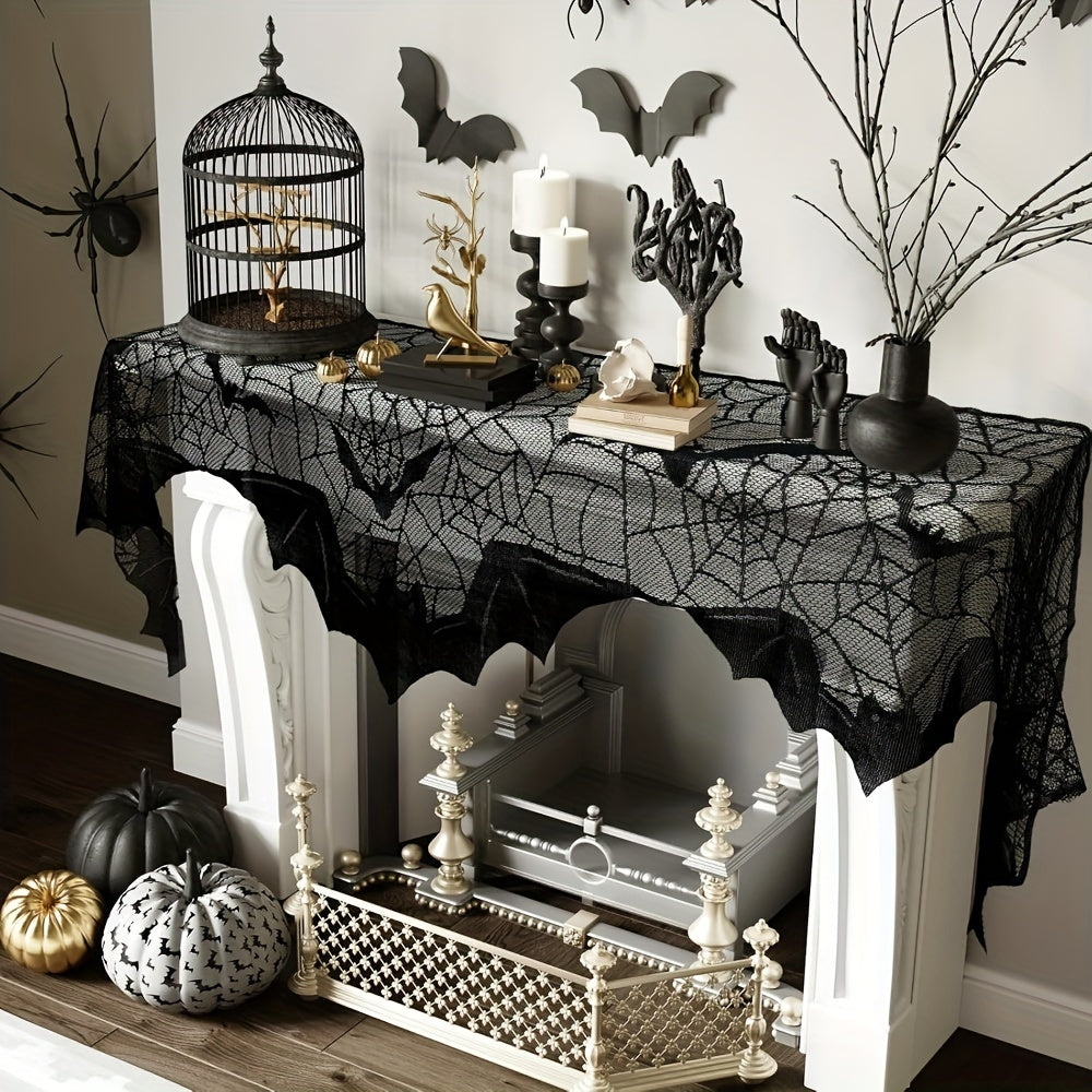 Black lace fireplace scarf with spiderweb design for Halloween - Decorative mantel cover to accessorize your fireplace - Perfect for seasonal festivities and parties - Measures 50.8x200.66 cm